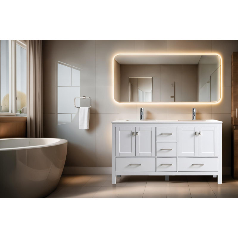 EAST VANITY 60" Bathroom Vanity with White Quartz Top and 2 Ceramic ...